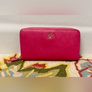 PRADA Saffiano Lux Leather Barbie Peonia Pink Continental Zip-Around Wallet